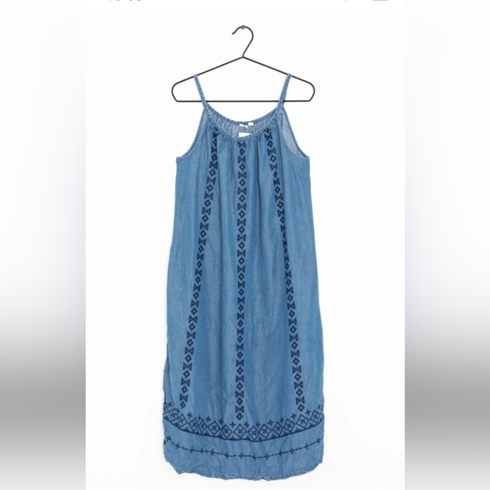 GAP Chambray Embroidered Swing Midi Dress Small Boho Pockets